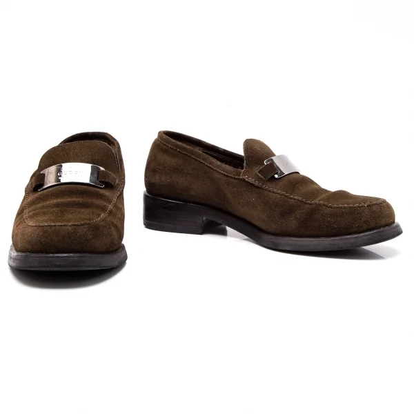グッチGUCCI スウェードメタルプレートローファー 茶37.5(24) K-117503_001
