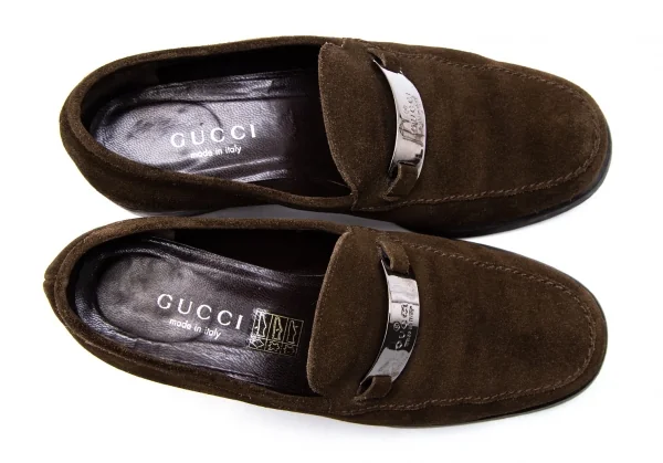 グッチGUCCI スウェードメタルプレートローファー 茶37.5(24) K-117503_002