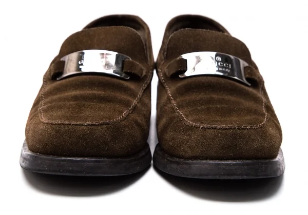 グッチGUCCI スウェードメタルプレートローファー 茶37.5(24) K-117503_004