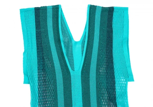 イッセイミヤケISSEY MIYAKE A-POC INSIDE メッシュストライプVネックトップス ターコイズ2 K-117523_003