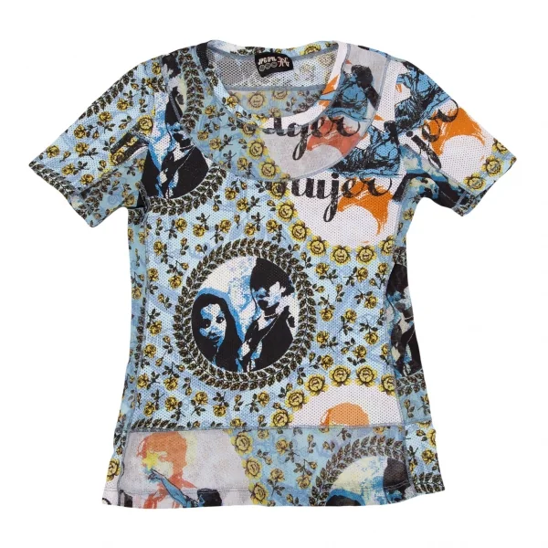ジャンポールゴルチエJean Paul GAULTIER PARIS フラワーガールグラフィックプリントメッシュ切替パワーネットTシャツ 白水色他40 K-117576_002