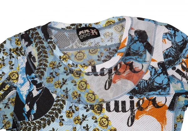 ジャンポールゴルチエJean Paul GAULTIER PARIS フラワーガールグラフィックプリントメッシュ切替パワーネットTシャツ 白水色他40 K-117576_003