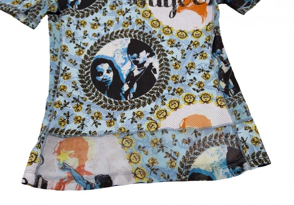 ジャンポールゴルチエJean Paul GAULTIER PARIS フラワーガールグラフィックプリントメッシュ切替パワーネットTシャツ 白水色他40 K-117576_007