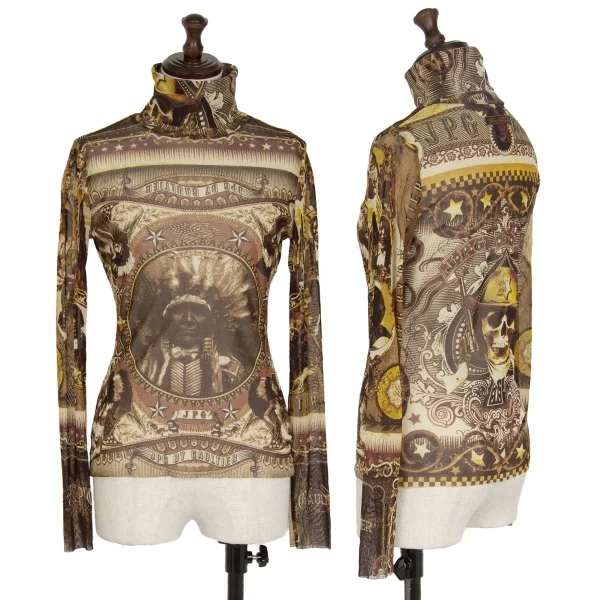 ジャンポールゴルチエJean Paul GAULTIER PARIS インディアンプリントパワーネットハイネックカットソー ベージュブラウン40 K-117579_001