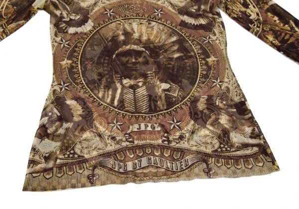 ジャンポールゴルチエJean Paul GAULTIER PARIS インディアンプリントパワーネットハイネックカットソー ベージュブラウン40 K-117579_008