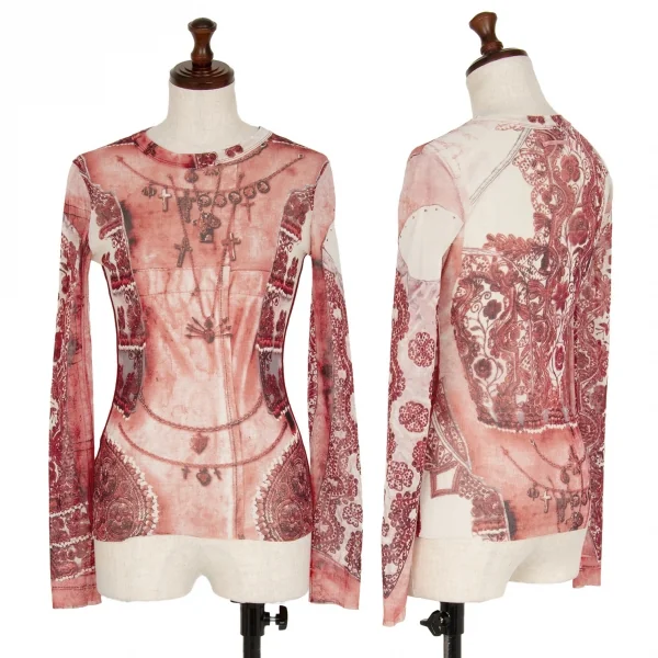 ジャンポールゴルチエ ファムJean Paul GAULTIER FEMME チャームエンブロイダリープリントパワーネットカットソー 赤白40 K-117589_001