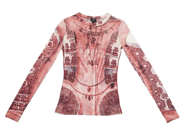 ジャンポールゴルチエ ファムJean Paul GAULTIER FEMME チャームエンブロイダリープリントパワーネットカットソー 赤白40 K-117589_002