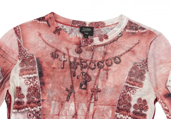 ジャンポールゴルチエ ファムJean Paul GAULTIER FEMME チャームエンブロイダリープリントパワーネットカットソー 赤白40 K-117589_003