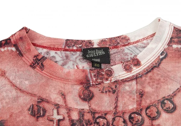 ジャンポールゴルチエ ファムJean Paul GAULTIER FEMME チャームエンブロイダリープリントパワーネットカットソー 赤白40 K-117589_004