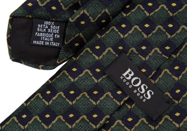 ヒューゴボスHUGO BOSS シルクブロックチェックプリントネクタイ 緑黒 K-117645_008