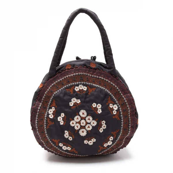 イッセイミヤケハートタマシャISSEY MIYAKE HaaT TaMaSHa フラワー刺繍ラウンドハンドバッグ 黒白茶 K-117901_004