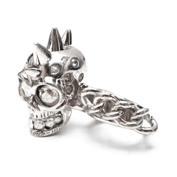 アレキサンダーマックイーンAlexander McQUEEN ラインストーンスカル&チェーンダブルフィンガーリング シルバー13/15号 K-117957_001