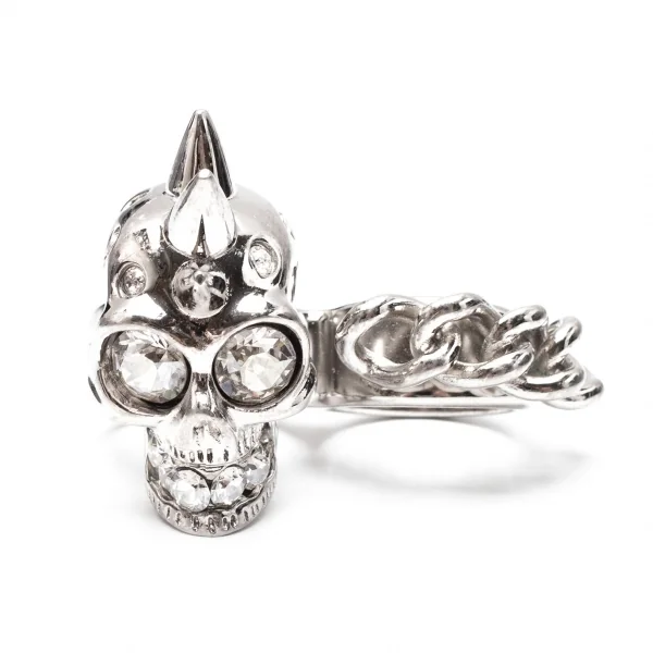 アレキサンダーマックイーンAlexander McQUEEN ラインストーンスカル&チェーンダブルフィンガーリング シルバー13/15号 K-117957_002