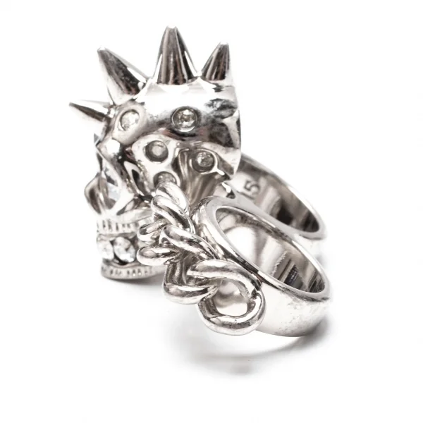 アレキサンダーマックイーンAlexander McQUEEN ラインストーンスカル&チェーンダブルフィンガーリング シルバー13/15号 K-117957_003