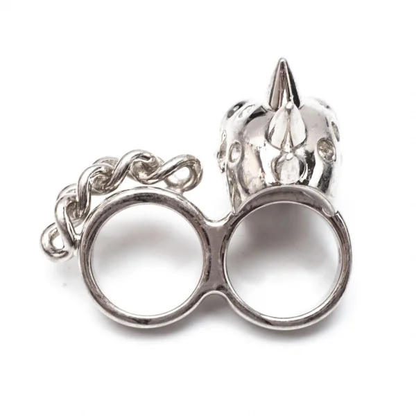 アレキサンダーマックイーンAlexander McQUEEN ラインストーンスカル&チェーンダブルフィンガーリング シルバー13/15号 K-117957_007