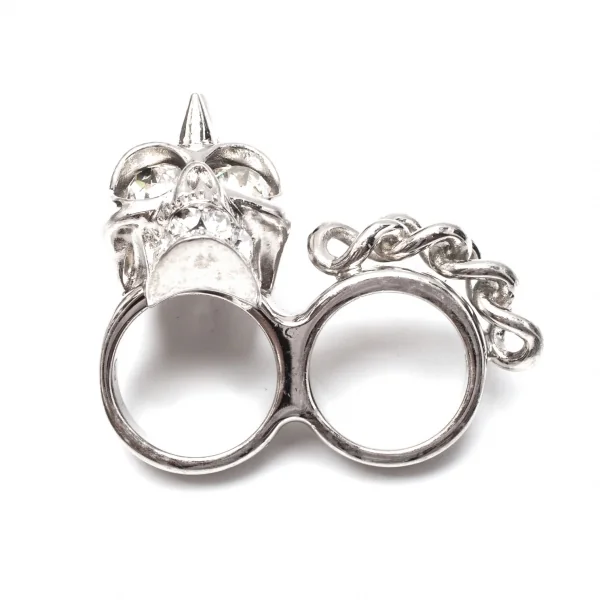 アレキサンダーマックイーンAlexander McQUEEN ラインストーンスカル&チェーンダブルフィンガーリング シルバー13/15号 K-117957_008
