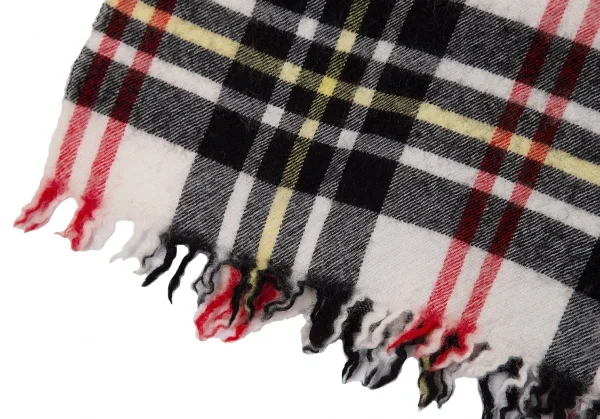コムデギャルソンオムCOMME des GARCONS HOMME ウール縮絨フリンジチェックマフラー 黒赤白 K-118036_002