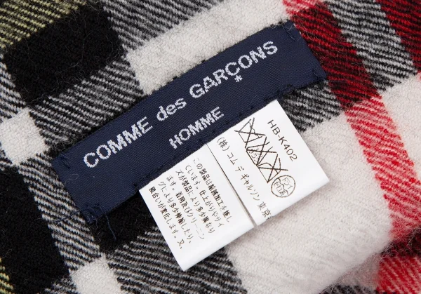 コムデギャルソンオムCOMME des GARCONS HOMME ウール縮絨フリンジチェックマフラー 黒赤白 K-118036_008