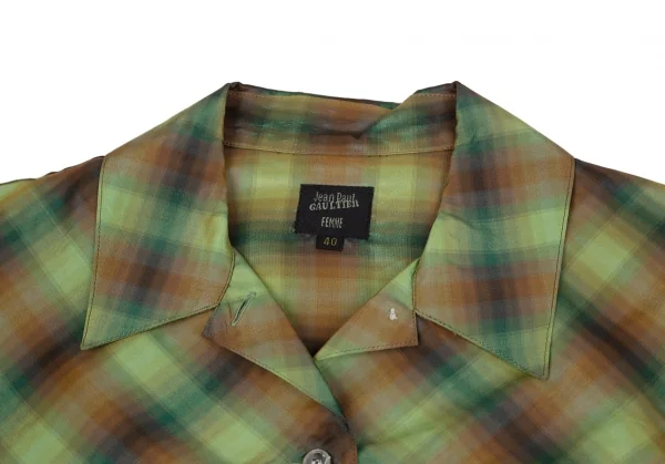 ジャンポールゴルチエ ファムJean Paul GAULTIER FEMME キュプラシルク光沢チェックシャツ 緑40 K-118145_004