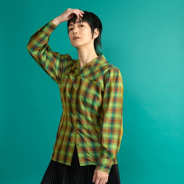 ジャンポールゴルチエ ファムJean Paul GAULTIER FEMME キュプラシルク光沢チェックシャツ 緑40 K-118145_018