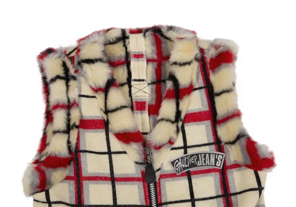 ゴルチエジーンズGAULTIER JEAN'S ファーチェックニットベスト クリーム赤黒40 K-118154_003