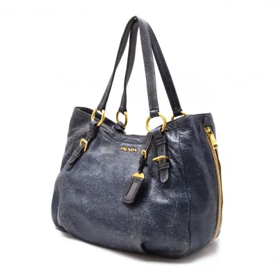 プラダPRADA サイドジップレザーショルダーバッグ ネイビー (K-118175)