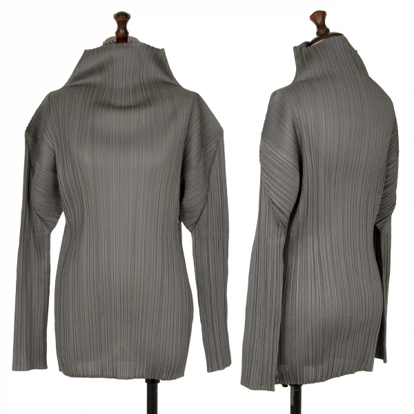 イッセイミヤケISSEY MIYAKEプリーツハイネックカットソー グレーM K-118273_001