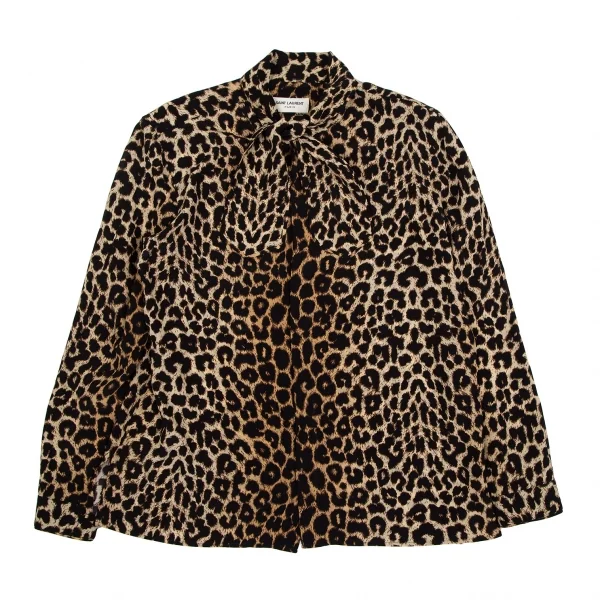 サンローラン Saint Laurent シルクレオパードボウタイシャツ 茶黒M位 K-118425_011