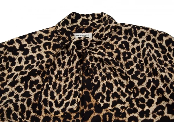 サンローラン Saint Laurent シルクレオパードボウタイシャツ 茶黒M位 K-118425_012