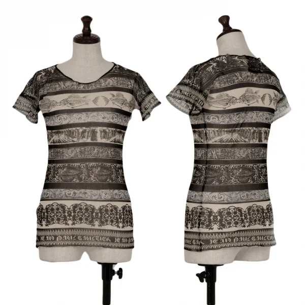 ジャンポールゴルチエ クラシックJean Paul GAULTIER CLASSIQUE グラフィックボーダーパワーネットTシャツ 黒クリーム40 K-118477_001