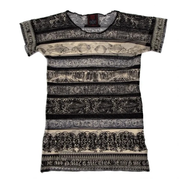 ジャンポールゴルチエ クラシックJean Paul GAULTIER CLASSIQUE グラフィックボーダーパワーネットTシャツ 黒クリーム40 K-118477_002