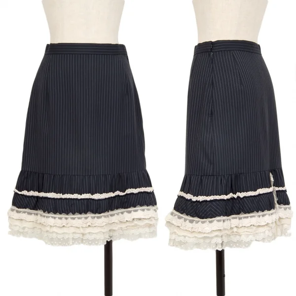 ジュンヤワタナベマンピンク コムデギャルソンJUNYA WATANABE MAN PINK COMME des GARCONS レースフリル装飾ストライプスカート 紺オフS K-118496_001