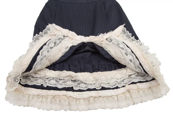 ジュンヤワタナベマンピンク コムデギャルソンJUNYA WATANABE MAN PINK COMME des GARCONS レースフリル装飾ストライプスカート 紺オフS K-118496_010