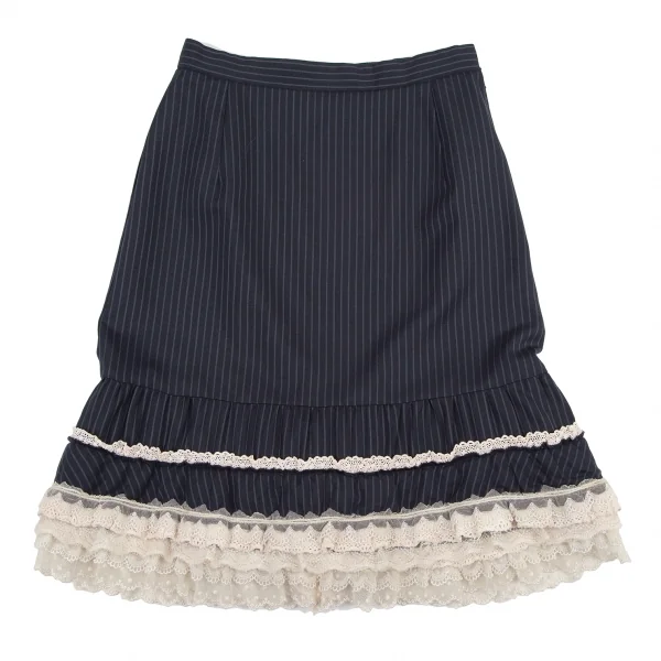 ジュンヤワタナベマンピンク コムデギャルソンJUNYA WATANABE MAN PINK COMME des GARCONS レースフリル装飾ストライプスカート 紺オフS K-118496_002