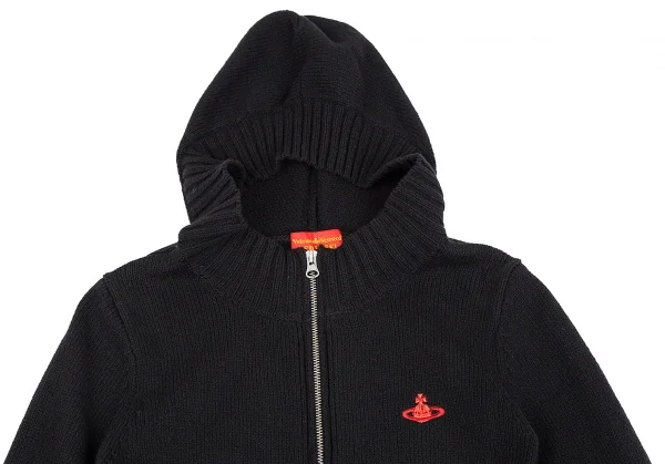 ヴィヴィアンウエストウッド レッドレーベルVivienne Westwood Red Label オーブワンポイント刺繍ジップアップニットパーカー 黒赤2 K-118754_003