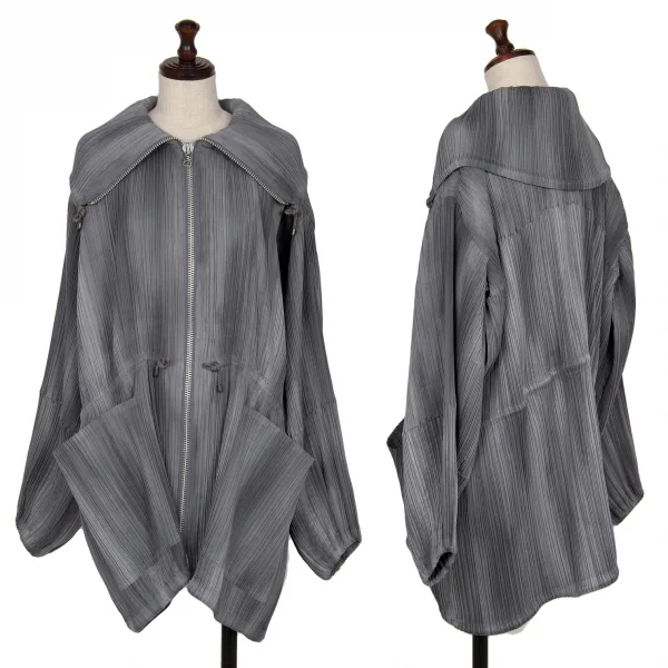 イッセイミヤケISSEY MIYAKEむら染めプリーツハイネックジップアップブルゾン グレーM K-118775_001