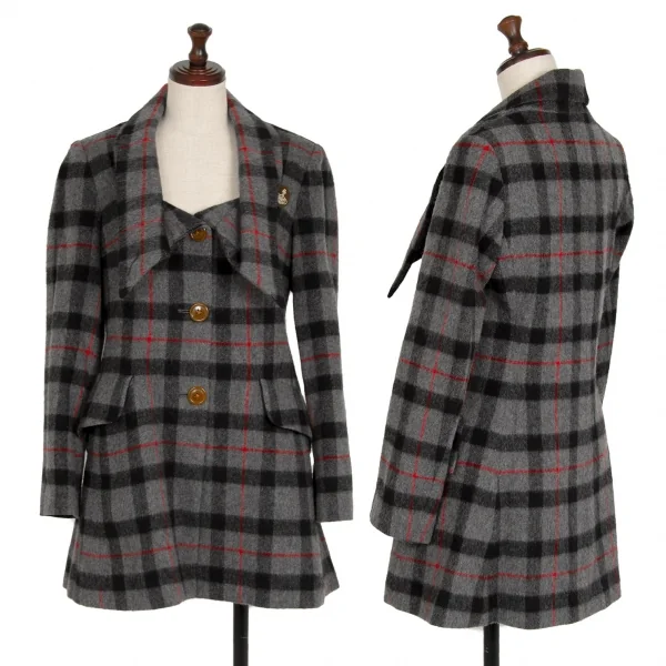ヴィヴィアンウエストウッド レッドレーベルVivienne Westwood Red Label 変形カラーチェックウールジャケット グレー黒赤2 K-118825_001