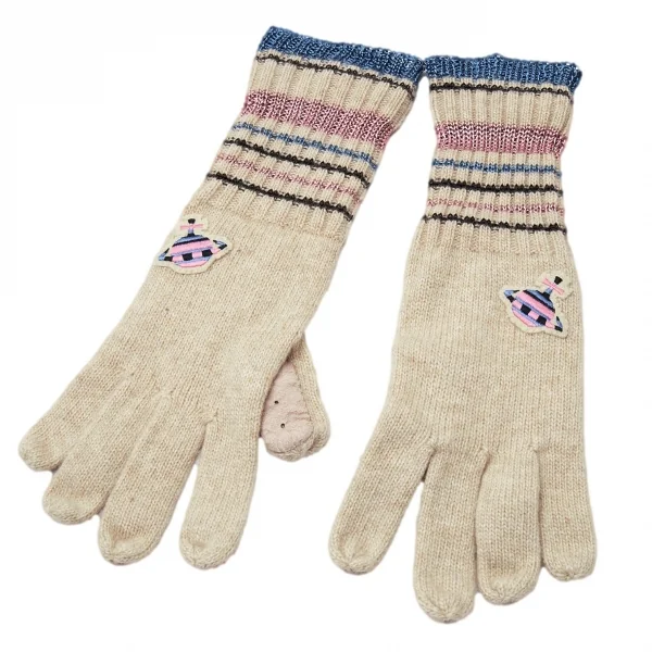 ヴィヴィアンウエストウッドVivienne Westwood レザー切替オーブパッチニットグローブ ベージュピンク青 K-118850_001