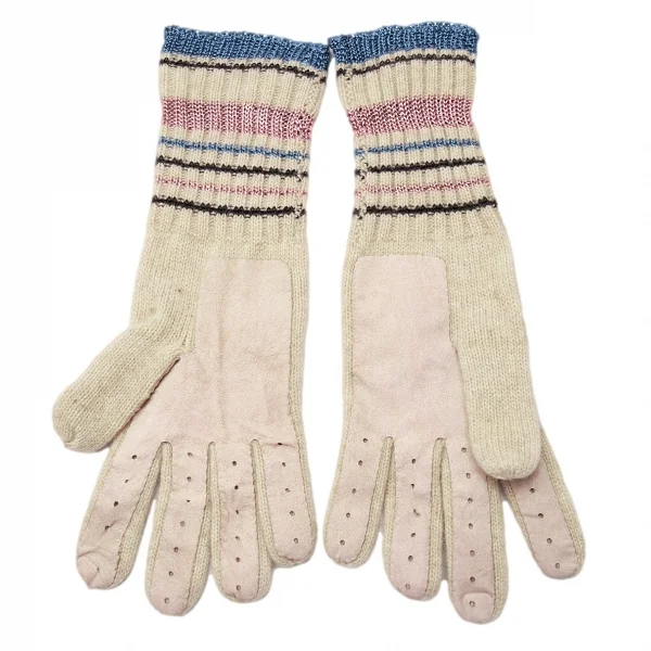 ヴィヴィアンウエストウッドVivienne Westwood レザー切替オーブパッチニットグローブ ベージュピンク青 K-118850_002
