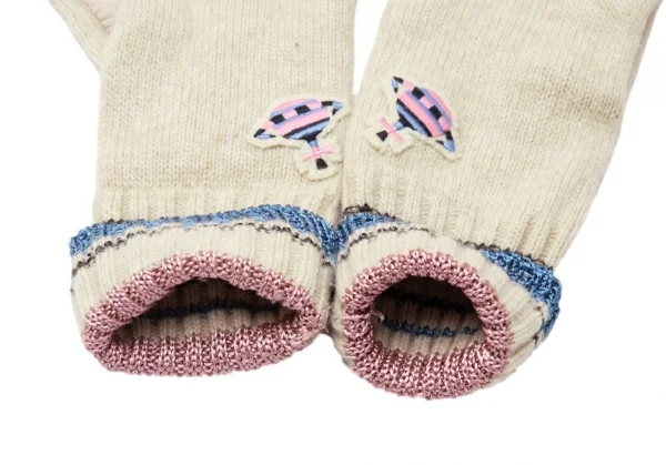 ヴィヴィアンウエストウッドVivienne Westwood レザー切替オーブパッチニットグローブ ベージュピンク青 K-118850_005