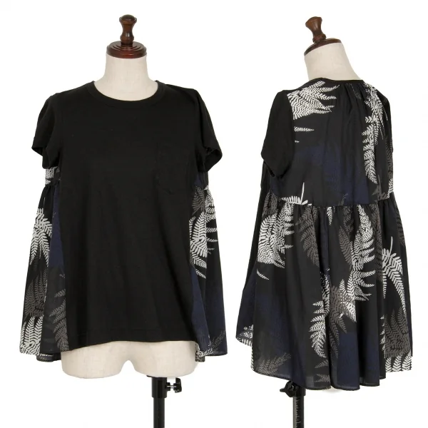 サカイsacai リーフプリント切替フレアTシャツ 黒白紺1 K-118893_001