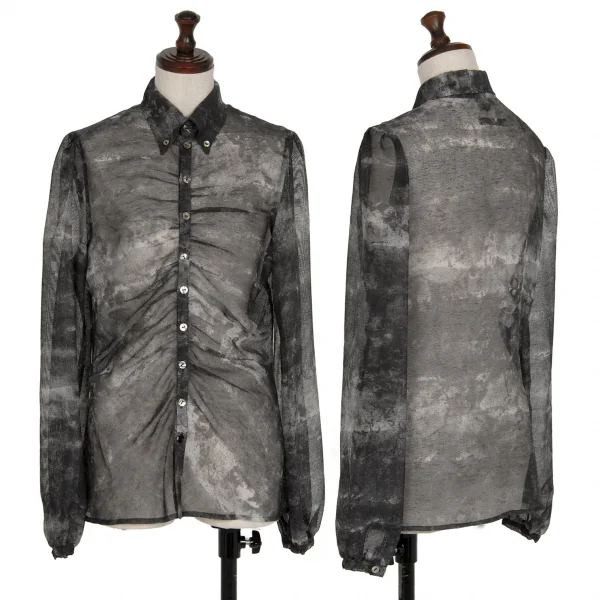 ジャンポールゴルチエ ファムJean Paul GAULTIER FEMME 汚しプリントメッシュフロントギャザーシャツ 黒白40 K-118921_001