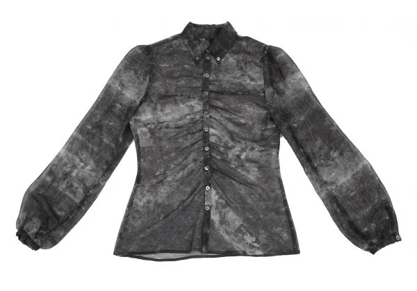 ジャンポールゴルチエ ファムJean Paul GAULTIER FEMME 汚しプリントメッシュフロントギャザーシャツ 黒白40 K-118921_002