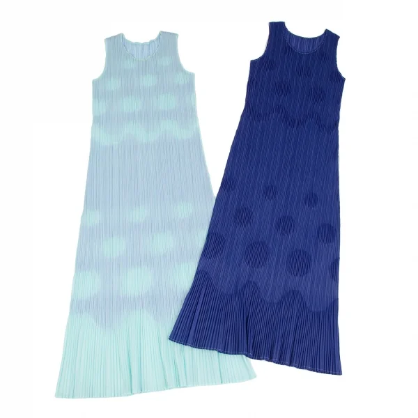 プリーツプリーズPLEATS PLEASE ドットエンボスレイヤードノースリーブワンピース 水色青2 K-119024_011