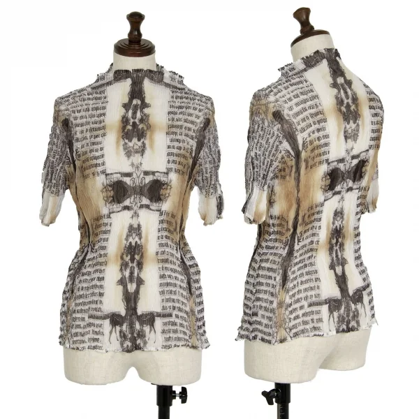 イッセイミヤケ ホワイトレーベルISSEY MIYAKE WHITE LABEL プリントハイネックプリーツ半袖カットソー 茶白黒2 K-119025_001