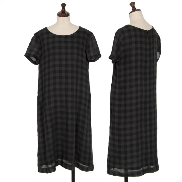 マドモアゼルノンノンMademoiselle NON NON リネンブロックチェック半袖ワンピース チャコール黒38M K-119220_001
