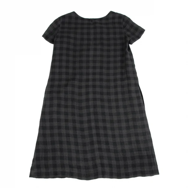 マドモアゼルノンノンMademoiselle NON NON リネンブロックチェック半袖ワンピース チャコール黒38M K-119220_011