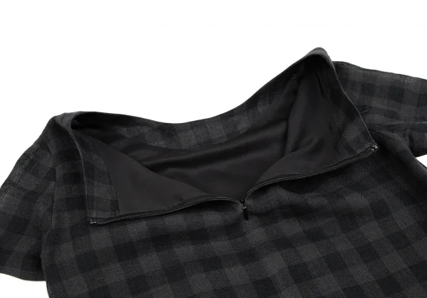 マドモアゼルノンノンMademoiselle NON NON リネンブロックチェック半袖ワンピース チャコール黒38M K-119220_012