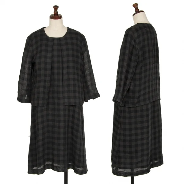 マドモアゼルノンノンMademoiselle NON NON リネンブロックチェック半袖ワンピース チャコール黒38M K-119220_019