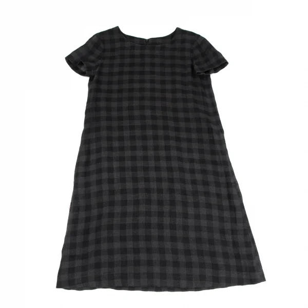 マドモアゼルノンノンMademoiselle NON NON リネンブロックチェック半袖ワンピース チャコール黒38M K-119220_002